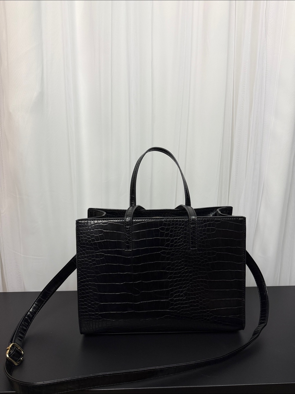 Classic Black  Faux Croc-Embossed Tote Bag - Women